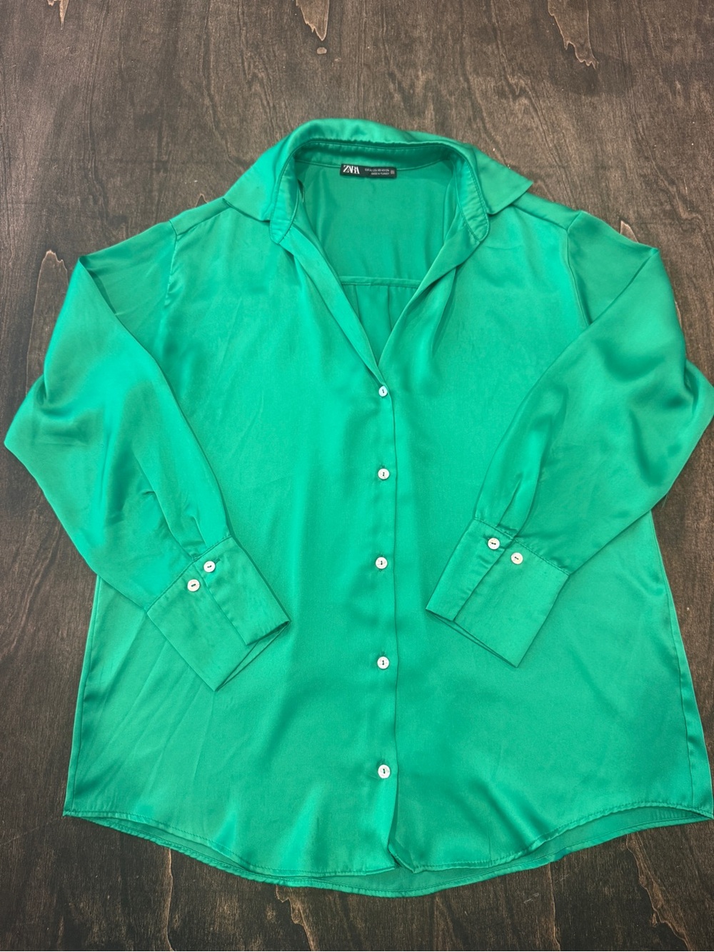Zara Emerald Satin Button-Down Shirt